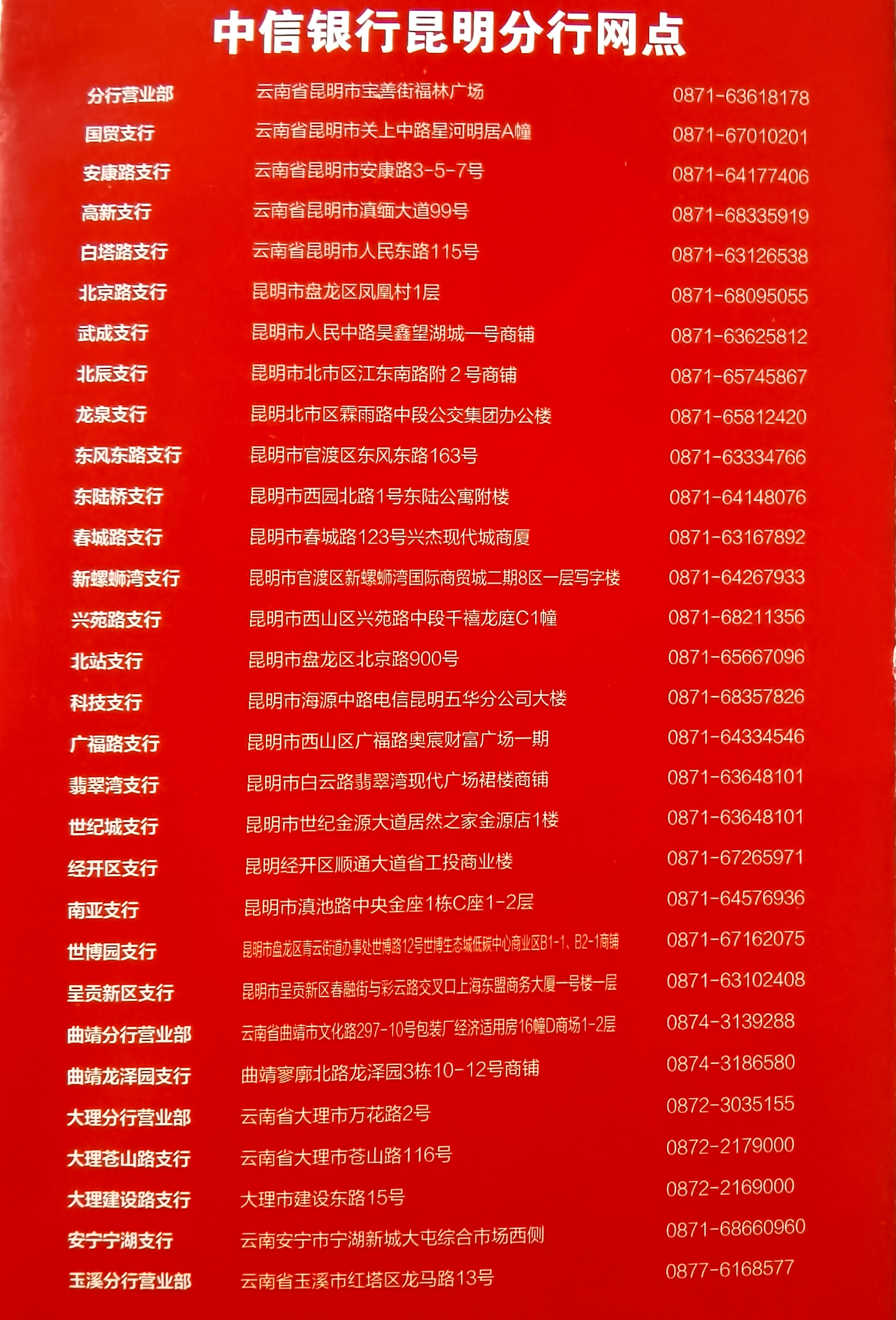 中信银行昆明分行网点分布情况