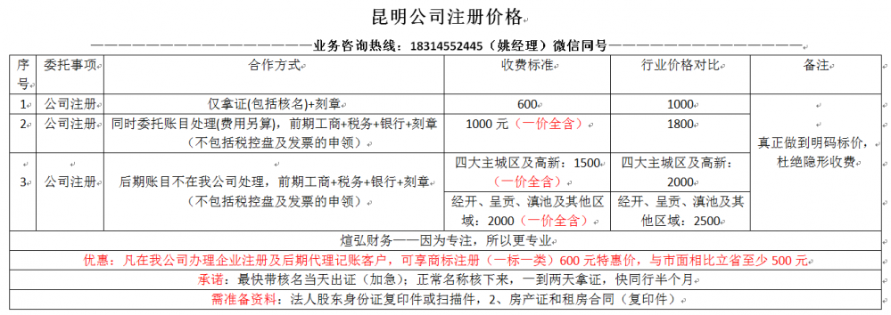 昆明中介代办公司注册一般多少钱